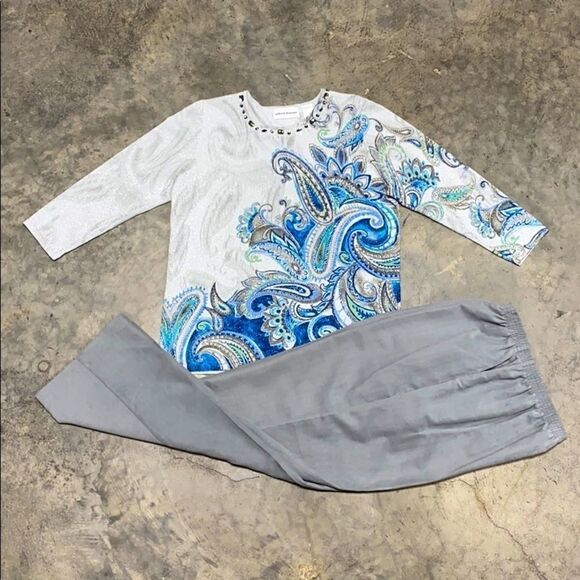 Alfred Dunner Blue/Gray quarter Sleeve Sweater Micro-Suede Pant Set - Picture 7 of 13